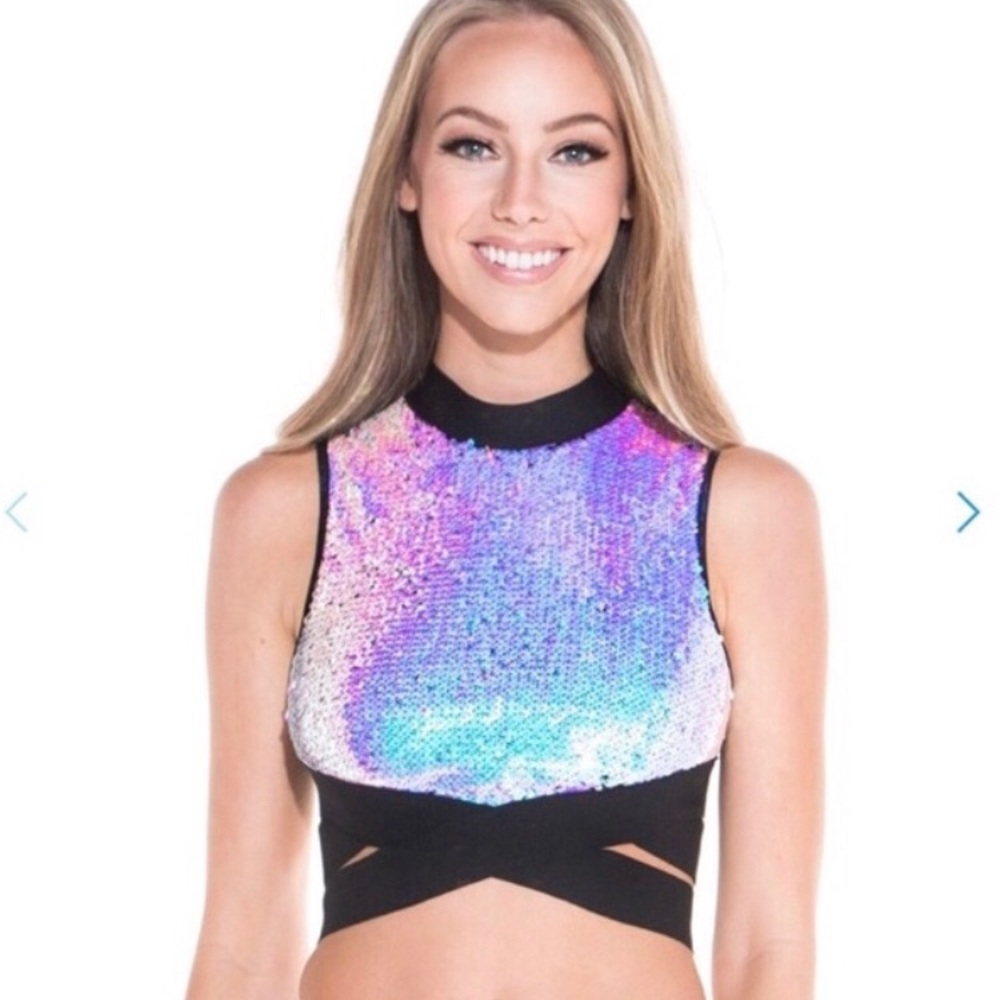 iHeart Raves Sequin Cross Faded Top